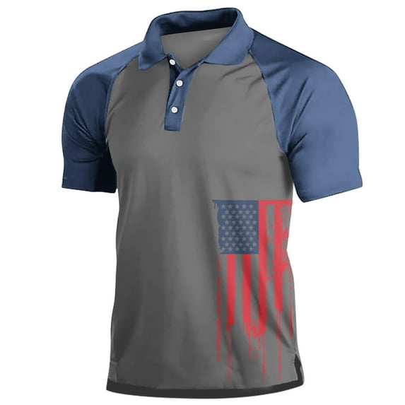 GaThRRgYP Spring Tops for Women 2025,Mens Summer Tops under $5,Men Casual Independence Day Printed Short Sleeve Turn Down Collar Buttons Side Split T-Shirt Blouse Tops Blue XXXL