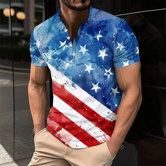 Black*Friday Discounted Items under $5 GaThRRgYP Independence Day Tee Shirt Mens,white blouse,Men's Printing Button Casual Short Sleeve Round-Neck Blouses Shirts Multicolor L