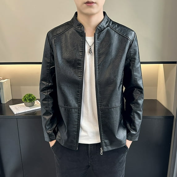 GaThRRgYP Jackets for Men Winter Coat,Men's Stand Up Collar Business Casual Leather Jacket Zipper Cardigan Jacket Black XXL