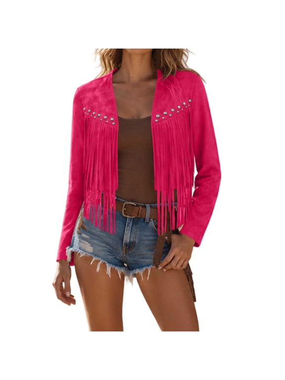 Jackets for Women Casual Fall Women V Open Front Long Sleeve Studded Fringe Tassel Cropped Solid Casual Western Jacket Outerwear Hot Pink S