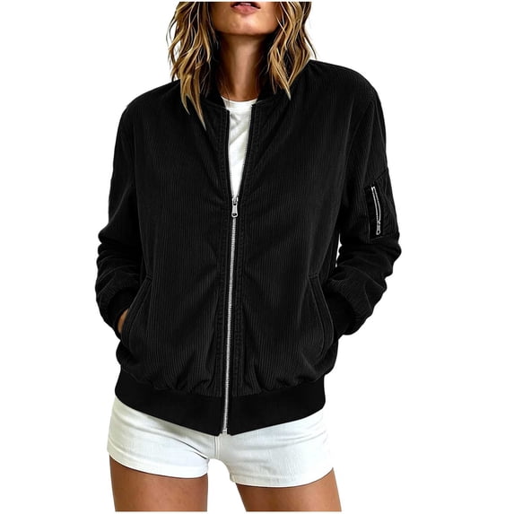 GaThRRgYP Jackets for Women Dressy Women's Winter Long-sleeved Zipper Fashion Casual Baseball Jacket Corduroy Jacket Black S