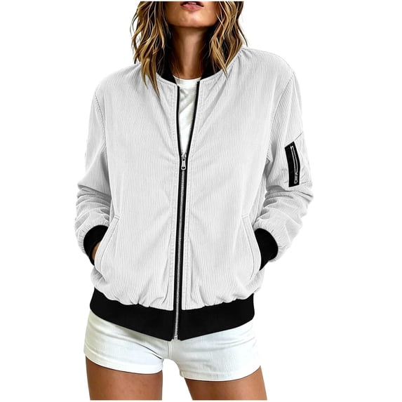 GaThRRgYP Jackets for Women Dressy Women's Winter Long-sleeved Zipper Fashion Casual Baseball Jacket Corduroy Jacket White S