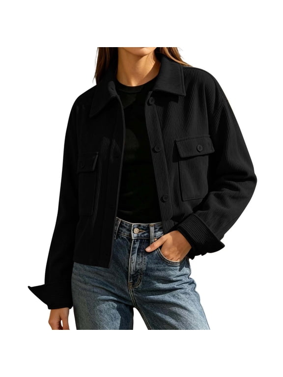 Jean Jacket Women Plus Size Stretchy Fashion Women's Casual Long Sleeve Turndow Collar Pocket Button Top Blouse Ladies Coat Black S