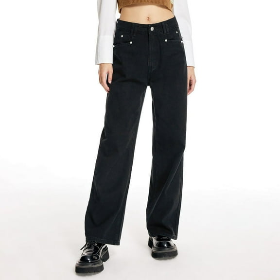 GaThRRgYP Jeans for Women Plus Size,Womens Fashion Solid Casual Pocket Button Zipper Long Jeans Pants Black L