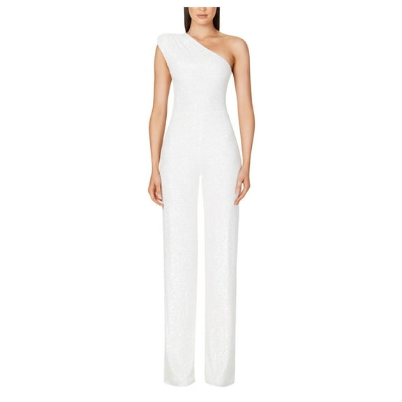 GaThRRgYP Jumpsuit for Women Plus Size,Jumpsuit for Women,Women's Solid Color High-Waisted Strapless One-Shoulder Sequin Casual Long Jumpsuit White XXXL