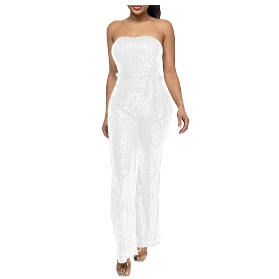 GaThRRgYP Jumpsuit for Women Plus Size,Women's Solid Color High-Waisted Sleeveless Off-The-Shoulder Sequin Slim Long Sequin Romper White L