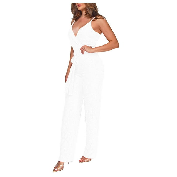 GaThRRgYP Jumpsuits for Women,Womens Pants Elastic Waist,Women's Solid Color High-Waisted Sleeveless Off-The-Shoulder Sequin Slim Long Sequin Romper White M