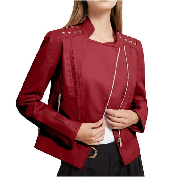 GaThRRgYP Leather Jackets for Women Plus Size,Women's Solid Color Long Sleeved Leather Jacket Zippered Jacket Pocket Women's Spring Short Jacket