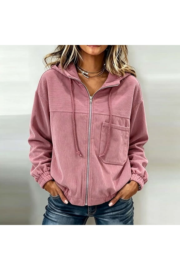 Lightweight Cardigan for Women Oversize Women's Solid Color Casual Corduroy Zipper Long Beard Hooded Jacket Top Pink S