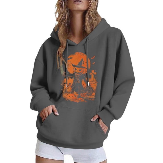 GaThRRgYP Lightweight Hoodies for Women Hooded Sweatshirts,Women Long-sleeved Hooded Pocket Halloween Printed Casual Loose Sweatshirt Gray M