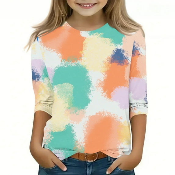 GaThRRgYP Summer Tops,Womens Shirts,Men's and Women's Tie Printed Quarter Sleeve Round Neck Children's Top Pullover Base Shirt Multicolor#7 110