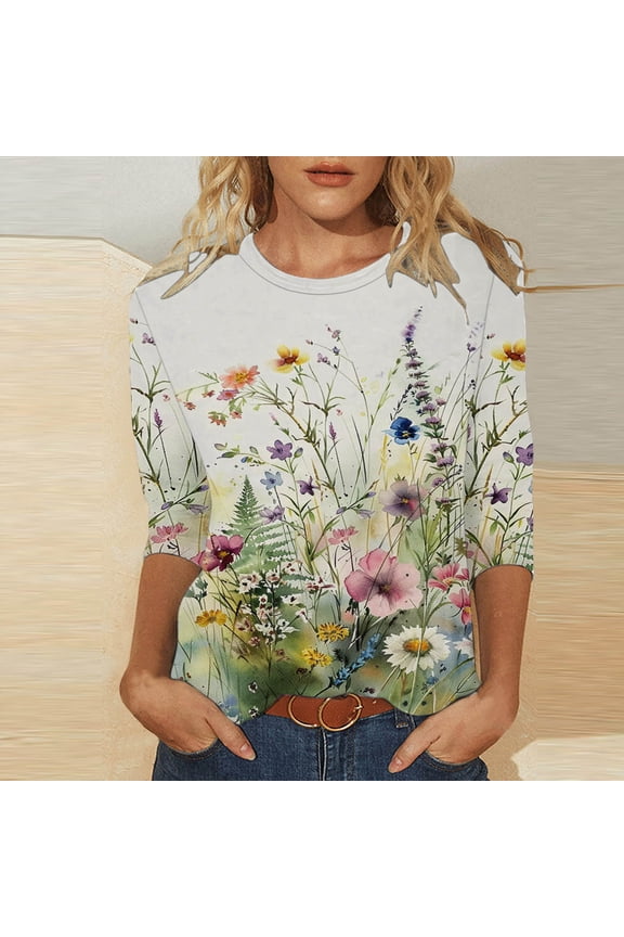 Plus Size Tops for Women,Womens Tops Dressy Blouse,Women 3/4Sleeves Casual Shirts Pullover Loose Tunic Tops Print Blouse Green XXXL