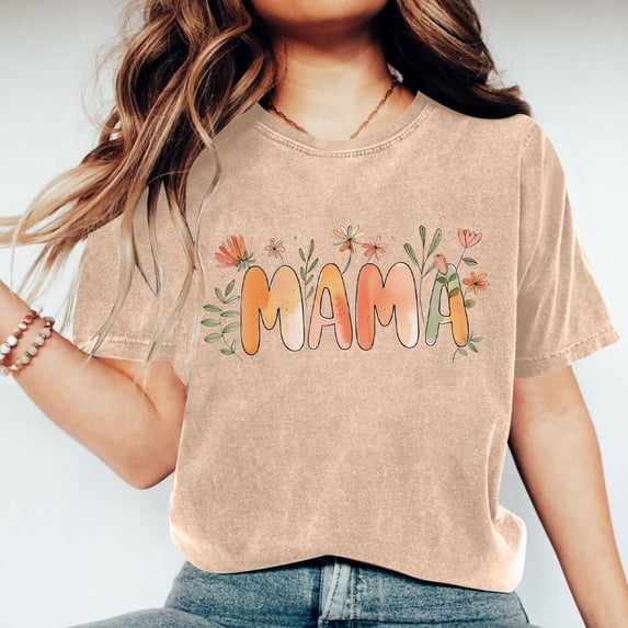 Black*Friday Discounted Items under $5 GaThRRgYP Mama Shirts for Women Women Mother's Day Gift Mom Flower Print Short Sleeve Round Neck T-shirt Pattern Top Khaki XL