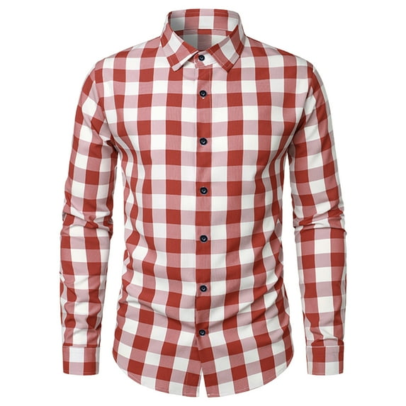 GaThRRgYP MenWinter Jackets for Men,Men's Fashions Long Sleeved Plaid Pattern Button Pocket Flip Collar Casual Shirt Red XXL