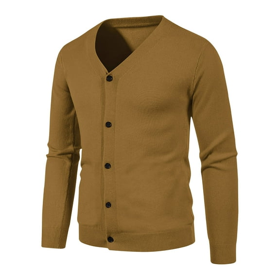 GaThRRgYP Men's Full-zip Cotton Sweater,Men's Fashionable Solid Color Cardigan Pocket Button Knit Sweater Jacket Gold XXXL
