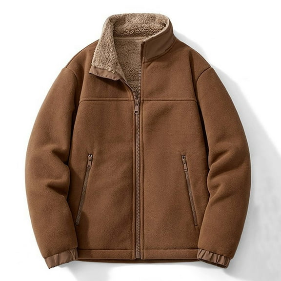 GaThRRgYP Men's Winter Coat Hooded,Men Winter Jackets,Men's Solid Color Fleece Long Sleeved Stand Up Collar Drawstring Zipper Pocket Jacket Brown M