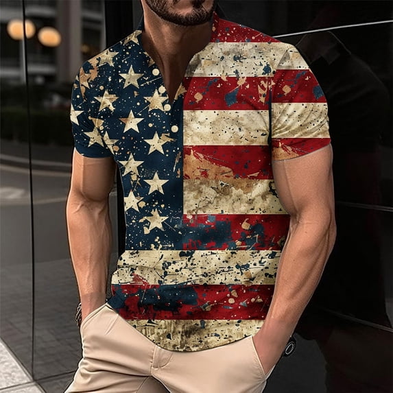 GaThRRgYP Mens American Flag T-Shirt on Clearance,Mens Tank Tops,save up under 50%,Men's Printing Button Casual Short Sleeve Round-Neck Blouses Shirts Multicolor XL