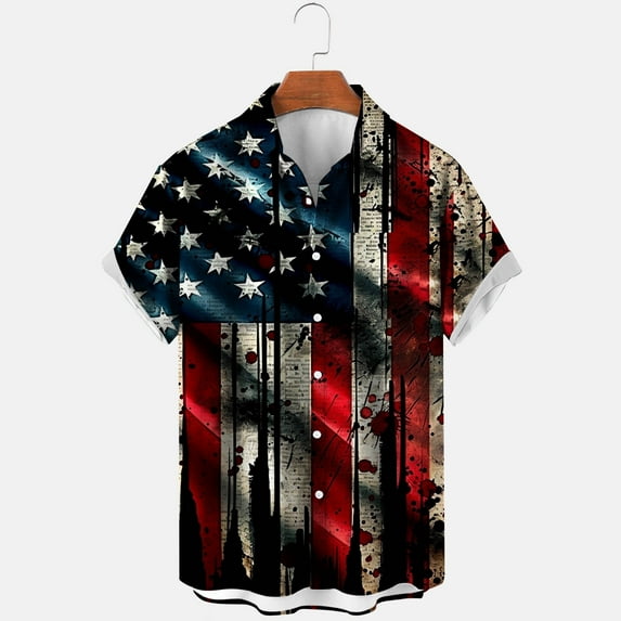 GaThRRgYP Mens American Flag T-Shirt on,Men's Printing Button Casual Short Sleeve Turndown Collar Blouse Shirt Multicolor S