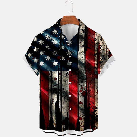 GaThRRgYP Mens American Flag T-Shirt on,Men's Printing Button Casual Short Sleeve Turndown Collar Blouse Shirt Multicolor XXL