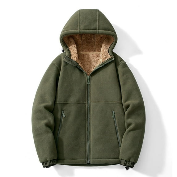 GaThRRgYP Mens Coats Casual Stylish,Men's Solid Color Fleece Long Sleeved Hooded Stand Up Collar Drawstring Zipper Pocket Jacket Army Green XL