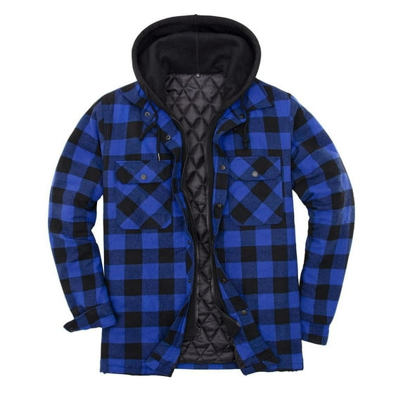 GaThRRgYP Mens Jackets with Hoods,Winter Jackets for Men,Men Button Zipper Casual Hooded Thicken Lattice Long Sleeve With Pocket Jacket Blue L