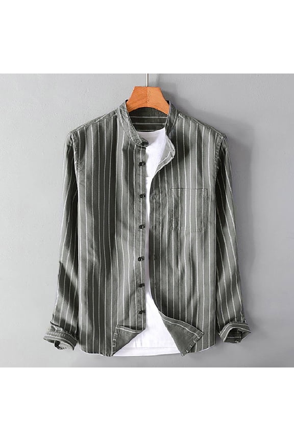 Spring Tops for Men,Mens Tops Short Sleeve Prints,Men's Striped Cotton Linen Shirt Long Sleeved Standing Collar Button Up Shirt Fashionable Shirt Top Blouse