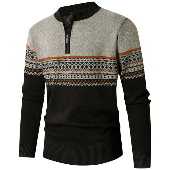 GaThRRgYP Mens Sweaters sales,Men's Winter Ethnic Style Printed Design Long Sleeved Zippered Standing Neck Sweater Khaki L