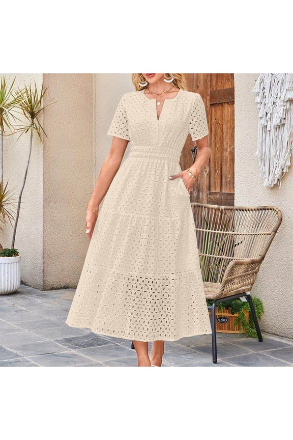 Metallic Thread Embroidered V-Neck Dress-Evening Sparkle,Women's Casual Printed Pleated Elastic Waist Sleeveless V-Neck Dress Beige S