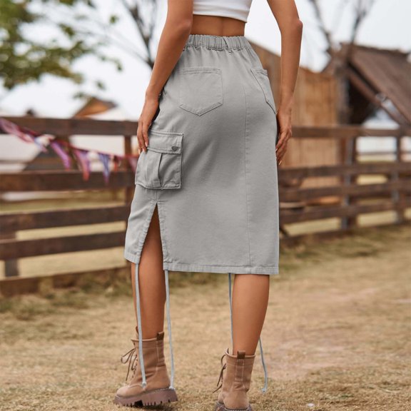 GaThRRgYP Midi Cargo Skirt for Women,Women's Spring and Summer Denim Work Dress Pocket Skirt Casual Mid-length Skirt