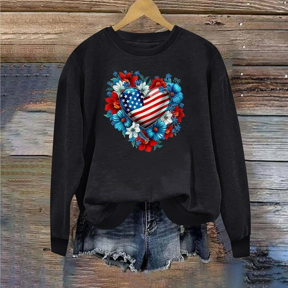 GaThRRgYP Modern Minimalist Round Neck Long Sleeve Women,Ladies Long Sleeve Round Neck Independence Day Casual Printed Top Black XL