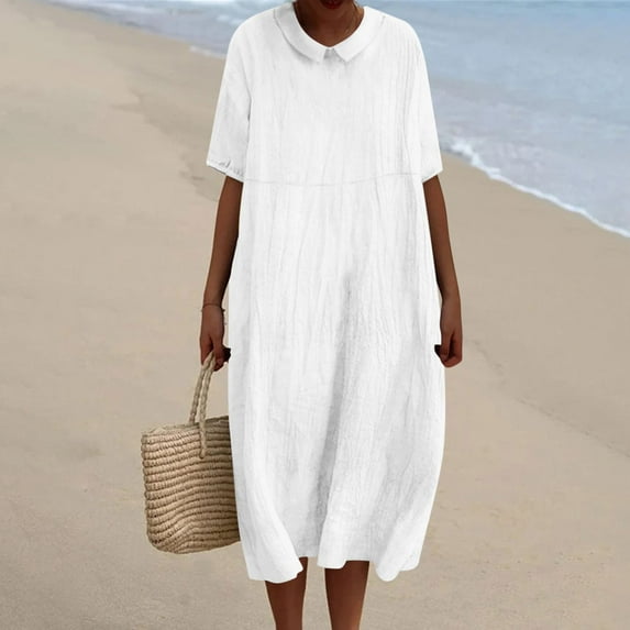 GaThRRgYP Modern Wrap Short Sleeve Dress,Women's Solid Color Lapel Doll Tie Pocket Loose Casual Cotton and Linen Dress White XL