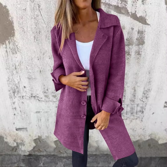 GaThRRgYP New Arrival Women Wool Trench Coat Autumn Winter Warm,Women's Winter Casual Solid Color Button Woolen Coat Mid-length Lapel Pocket Jacket Coat Top Long Sleeve Purple XXL