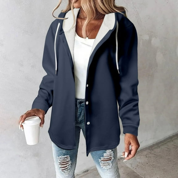 GaThRRgYP Outdoor Utility Jacket Autumn Winter Ladies,Women's Solid Color Long-sleeved Long-sleeved Hooded Casual Coat Navy XL
