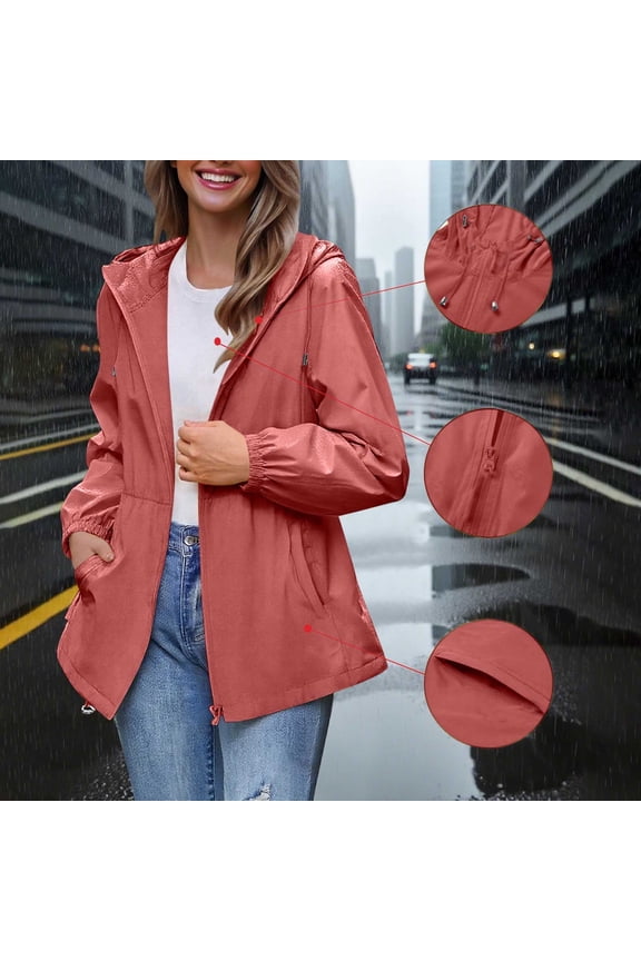 Outdoor Winter Travel Jacket for Ladies Autumn,Women Solid Portable Waterproof Jackets Raincoat Rain Jacket Packaway Rain Coats with Hoodie Red M