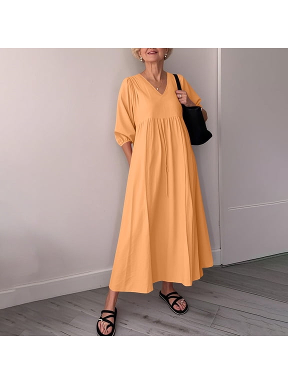 Packable Short Sleeve V-Neck Dress-Travel Essential,Ladies' Casual V-neck Three-quarter Sleeve Cotton and Linen Pocket Dress Orange L