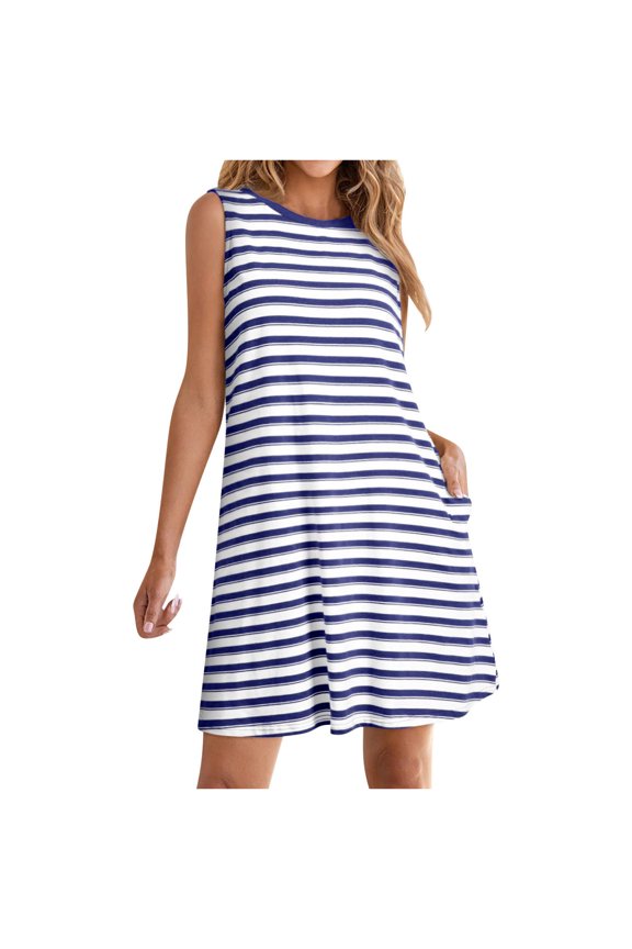 Packable Sleeveless Crew Neck Dress-Summer Travel Must-Have,Casual Sleeveless Round-Neck Stripe Printing Loose Breathable Knee-High Outwear Dress for Women Blue L
