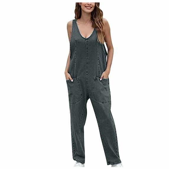Black*Friday Clearance under $5 GaThRRgYP Pants for Women,Women's Summer Casual Pocket Romper Long Playsuit Strap Button Jumpsuit