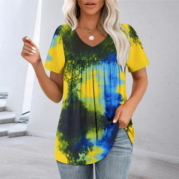 GaThRRgYP Plus Size Blouse for Women,Women's Casual Printing Blouses Short Sleeved V-Neck Summer Fashionable Pleated Top Blouse Yellow XXL
