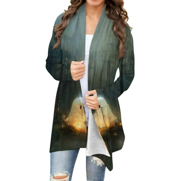 GaThRRgYP Plus Size Cardigans for Women,Women's Fashion Halloween Printed Long Sleeved Cardigan Jacket Green XXL