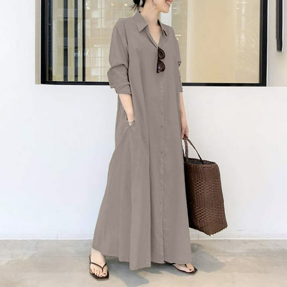 GaThRRgYP Plus Size Long Dress,Women's Cotton Linen Turndown Collar Long Sleeve Pocket Loose Long Shirt Dress Coffee M