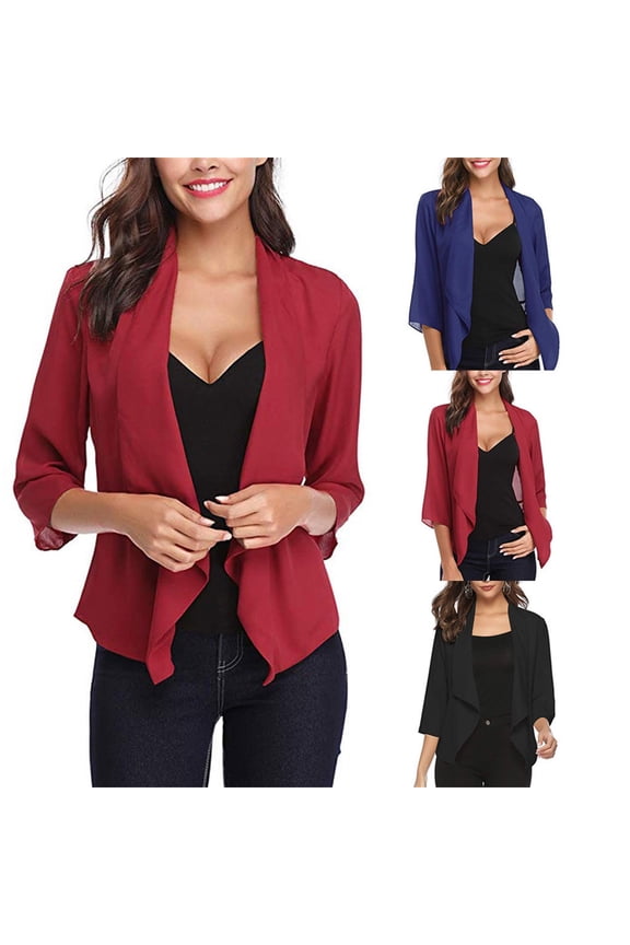Plus Size Rain Jackets for Women Women's Open Front Light Cardigan 3/4 Sleeve Thin Chiffon Blazer Black S