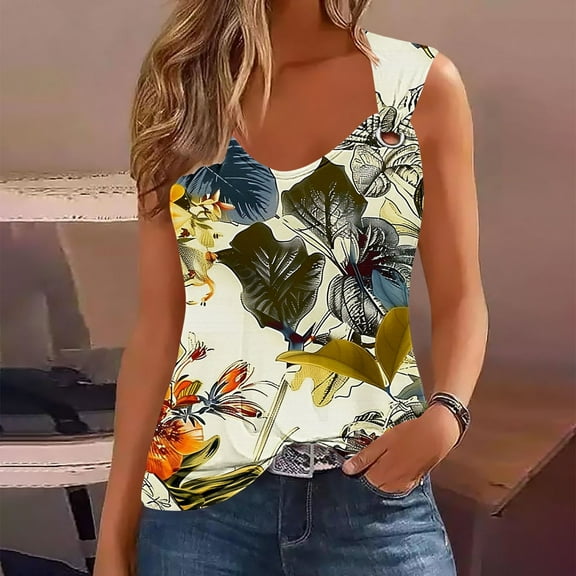 GaThRRgYP Plus Size Tank Tops,Tops for Women Trendy Summer,Women's Fashionable Sleeveless Casual Printing Metal Round Neck Shirts Blouses Tank Brown XL