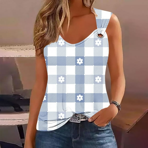 GaThRRgYP Plus Size Tank Tops,Women's Fashionable Sleeveless Casual Printing Metal Round Neck Shirts Blouses Tank Light Blue L