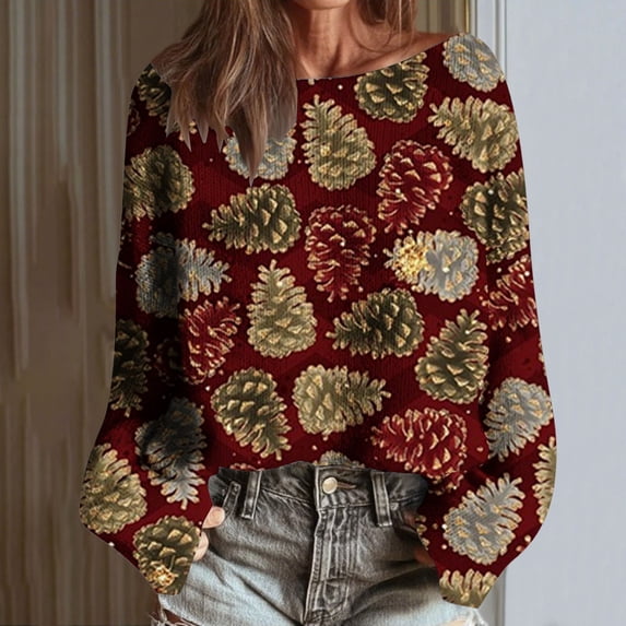 GaThRRgYP Plus Size Tops,Women's Christmas Printed Casual Round Neck Long Sleeve Pullover Sweater Knit Pullover 2026 Fall Fashion Graphic Crochet Tops Hippie Clothes Multicolor S