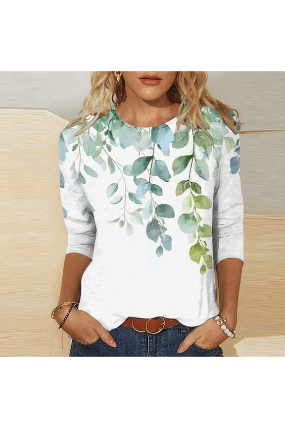 Plus Size Tops for Women,Womens Floral Tops for $5 Tops,Women's Fashion Tees Casual Crewneck 3/4 Sleeve Loose T Shirt Ladies Tops Blouses Shirts Green XL