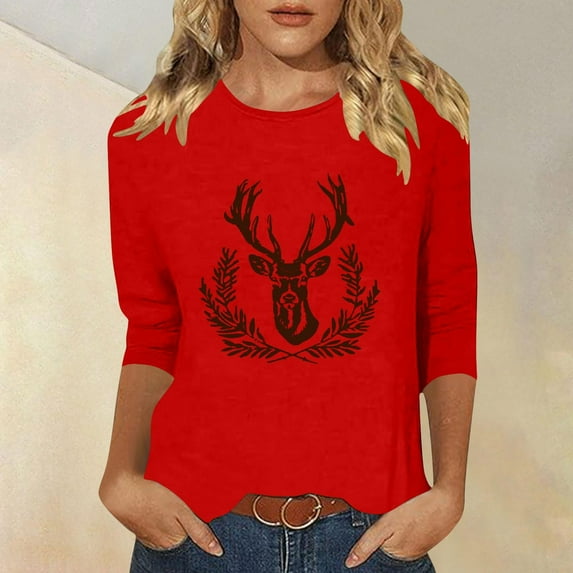 GaThRRgYP Plus Size Womens Hoodies Pullover,Women's New 3/4 Sleeve Western Style Printed Casual Top T-shirt Red XXL