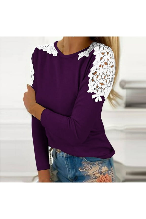 Tops for Women Trendy,Womens Tops Summer and Spring,Women's Fall Casual Long Sleeve Blouse Round Neck Lace Tops T-Shirt Purple S