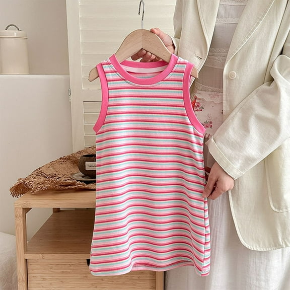 GaThRRgYP Print Dresses Sleeve Kids Baby Clothes Toddler Dress,Toddler Kids Girls Cute Stripe Sleeveless Stretchy Wrinkle Camisole Dress A Line Dress Hot Pink 12 Months