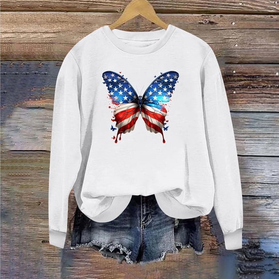 GaThRRgYP Relaxed Round Neck Long Sleeve Top Women Casual,Ladies Long Sleeve Round Neck Independence Day Casual Printed Top White M