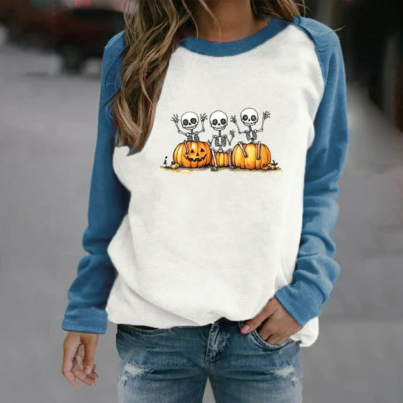 GaThRRgYP Relaxed Round Neck Long Sleeve Top Women Casual,Women's Halloween Printed Round Neck Long Sleeved Oversized Sweatshirt Blue M